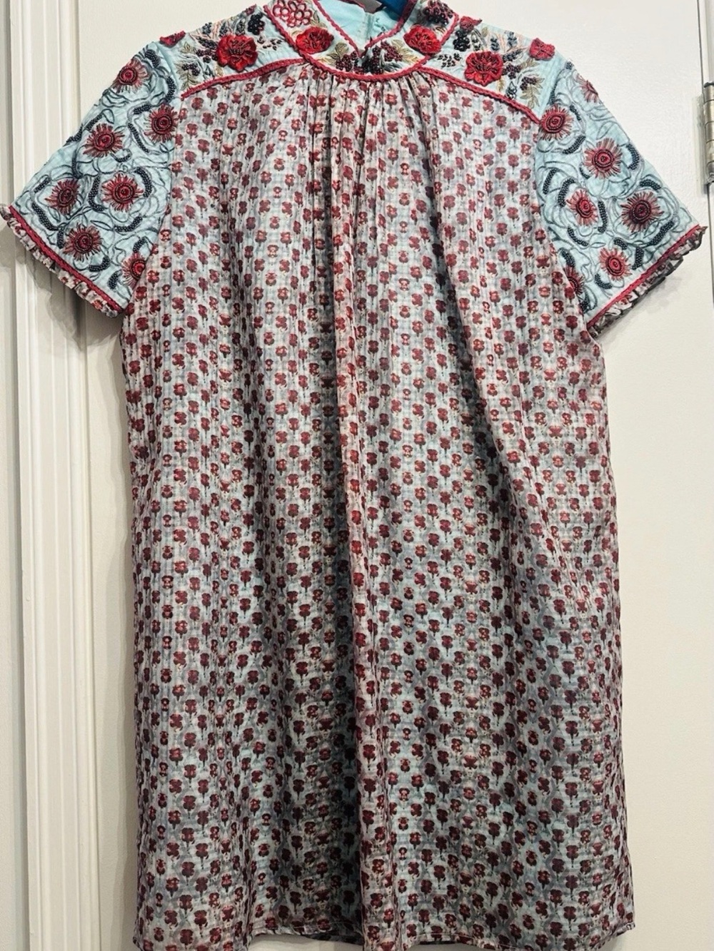 Bhanuni by Jyoti Anthropologie Chateau Floral Embroidered Dress Red & Light Blue